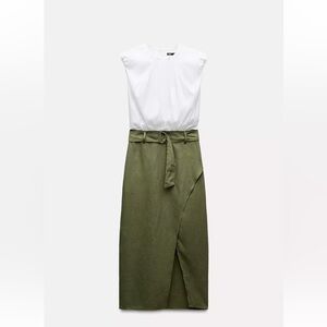 Zara White and Olive Green Midi Dress